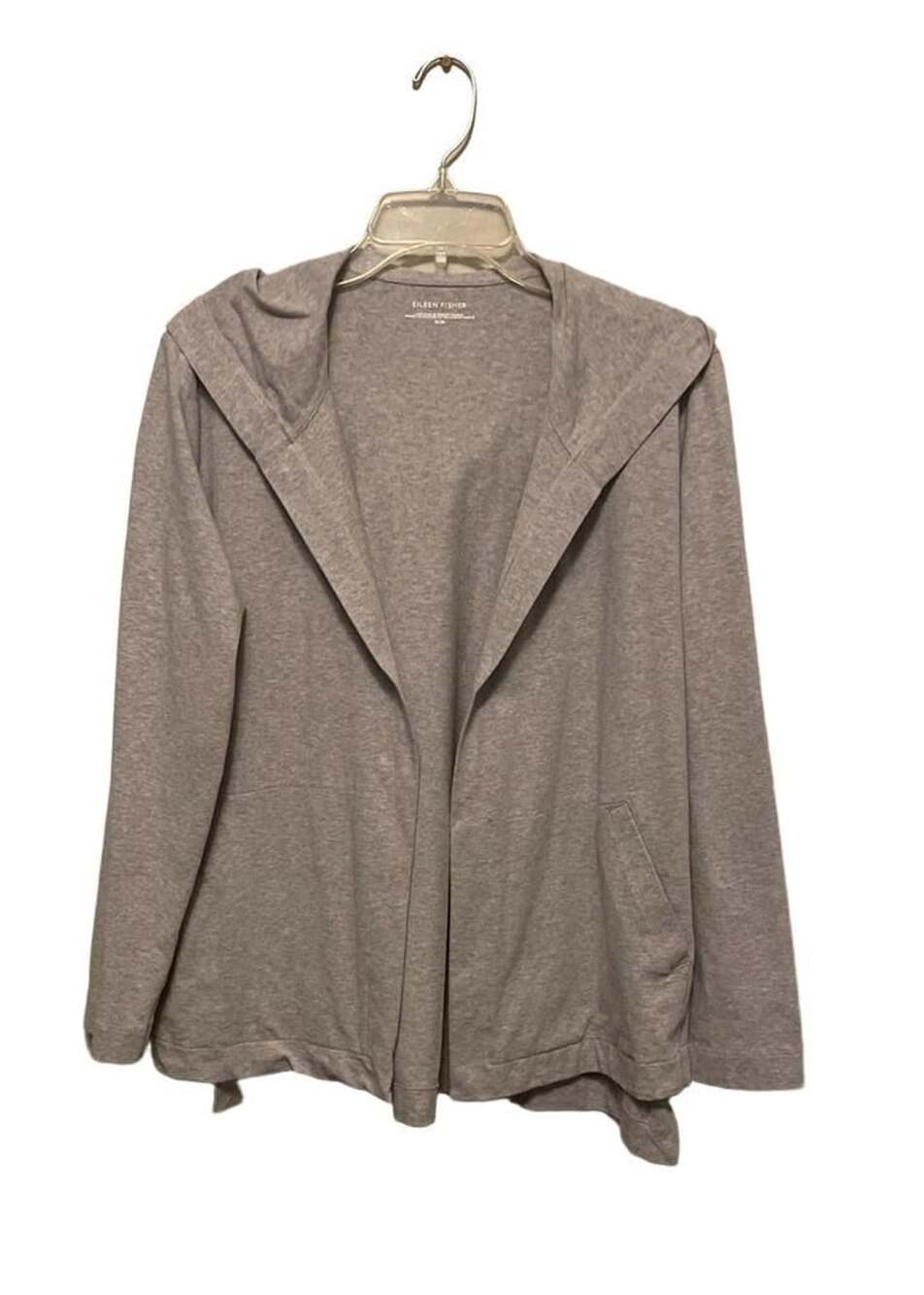 Eileen Fisher Womens Sz.M Organic Cotton Open Front Hooded Cardigan Jacket Gray